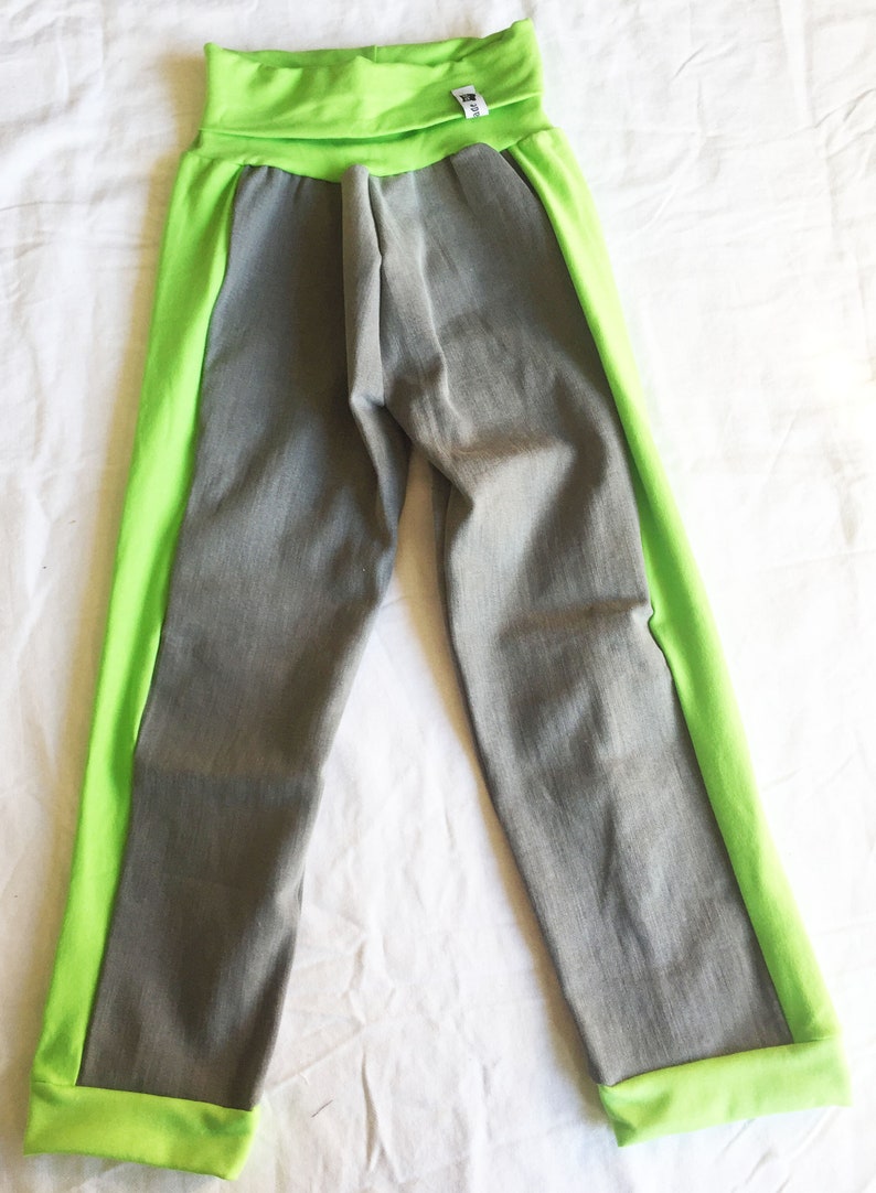 Gray Neon Green Jeans Pants Cotton Trousers Patchwork Denim Size 128-134