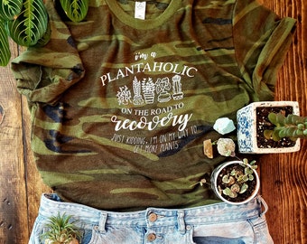 womens camo tee, plant shirt, plantaholic, womens shirt, camo, plants