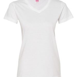 May include: White short-sleeved v-neck t-shirt.