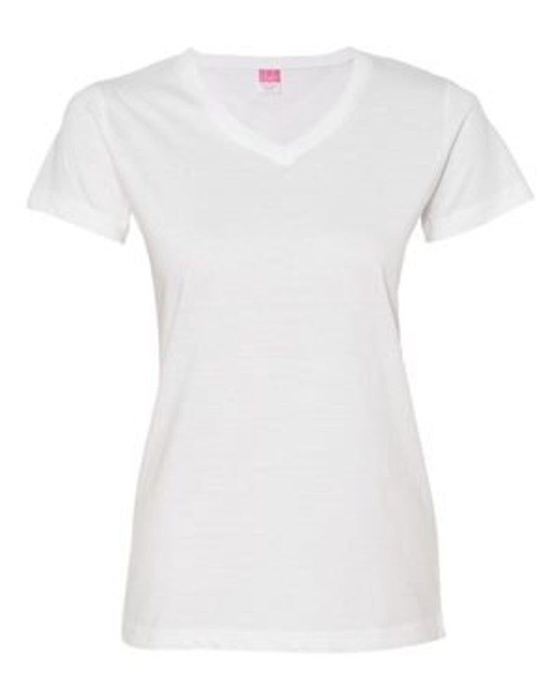 May include: White short-sleeved v-neck t-shirt.