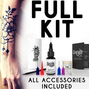 Easy.ink™ Freehand Temporary Tattoo Ink Full kit,SUPER DARK INK. Fruit Based Semi-Permanent Tattoo Ink, Natural & Waterproof. No Chemicals image 1