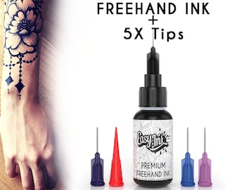 Easy.ink™ Freehand Temporary Tattoo Ink + 5X Tips,SUPER DARK INK. Fruit Based Semi-Permanent Tattoo Ink, Natural & Waterproof. No Chemicals