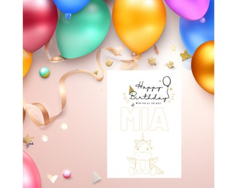 Personalized Printable Birthday Coloring Card for Kids - Custom Name Unicorn & Balloons - DIY Craft - Color Activity - Unique Handmade Gift