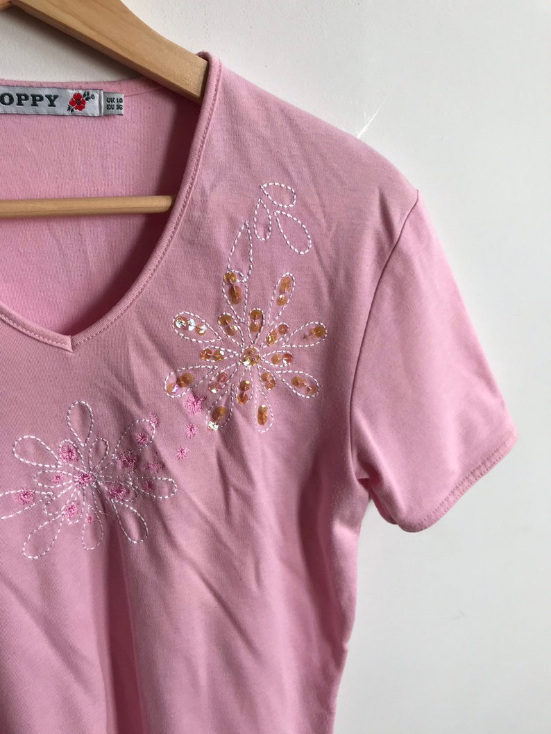 Baby Pink Cami Top with Floral Iridescent Embellishment Glastonbury Hippy Festival Basic Top Summer Beach Club Vintage