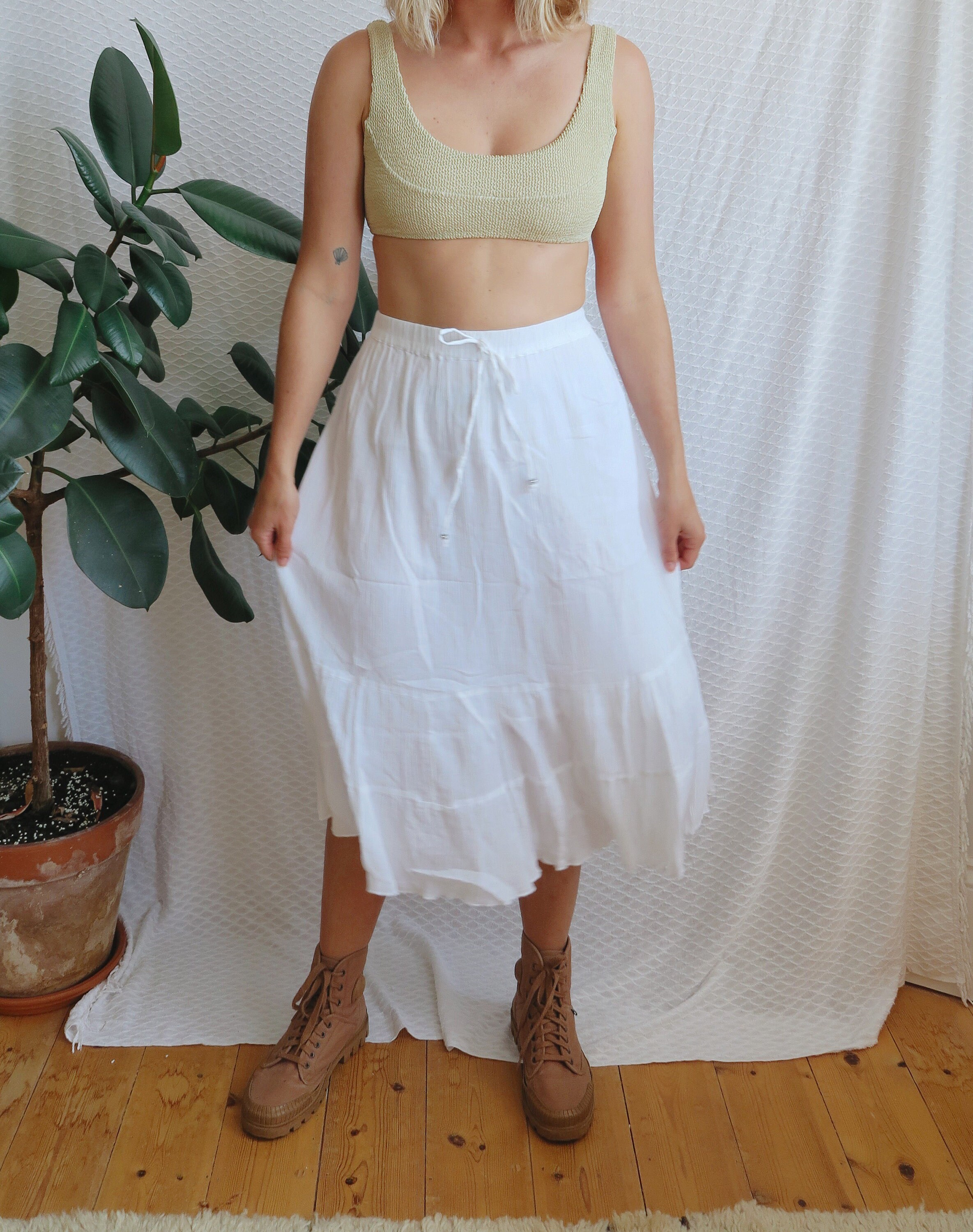 Image of White Ruffle Cotton Midi Boho Festival Vintage Elasticated Waist Skirt/Drawstring Pastel Flower S S Comfy Winter Summer Travel