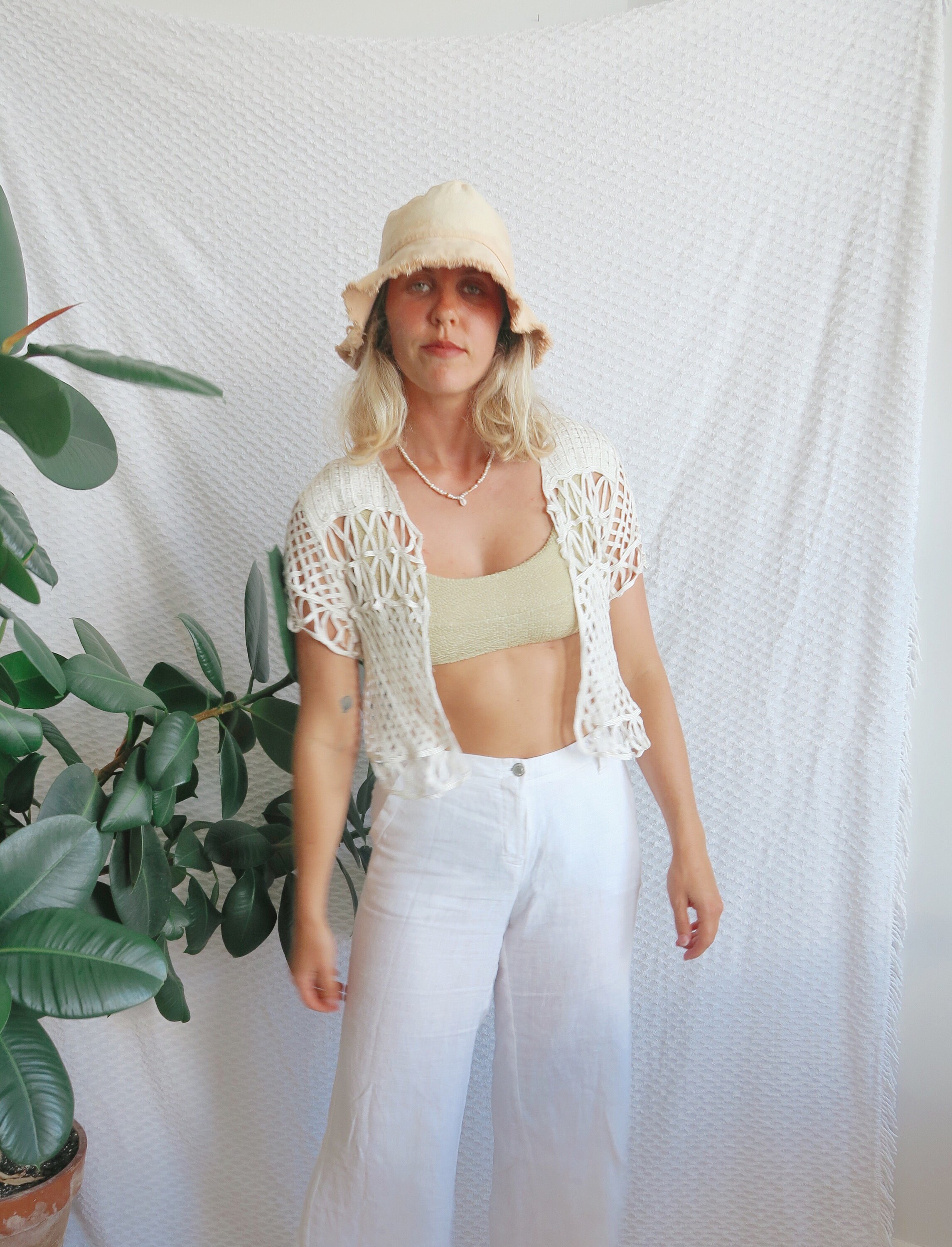 Image of Lace Lattice Top Shirt Singlet Tank/Cream White Crop Glastonbury Hippy Festival Pretty S S Summer Beach Club Vintage
