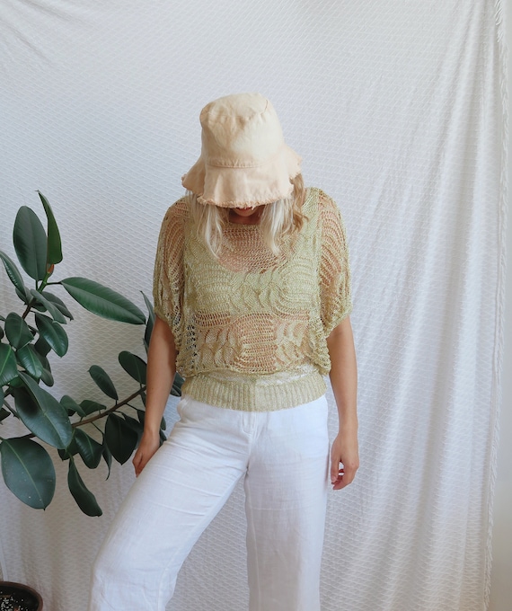 Gold Metallic Crochet Soft Knit Top Shirt Oversize