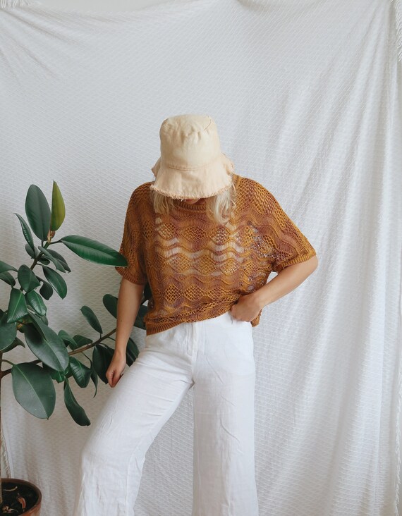 Caramel Brown Crochet Soft Knit Top Shirt Oversize