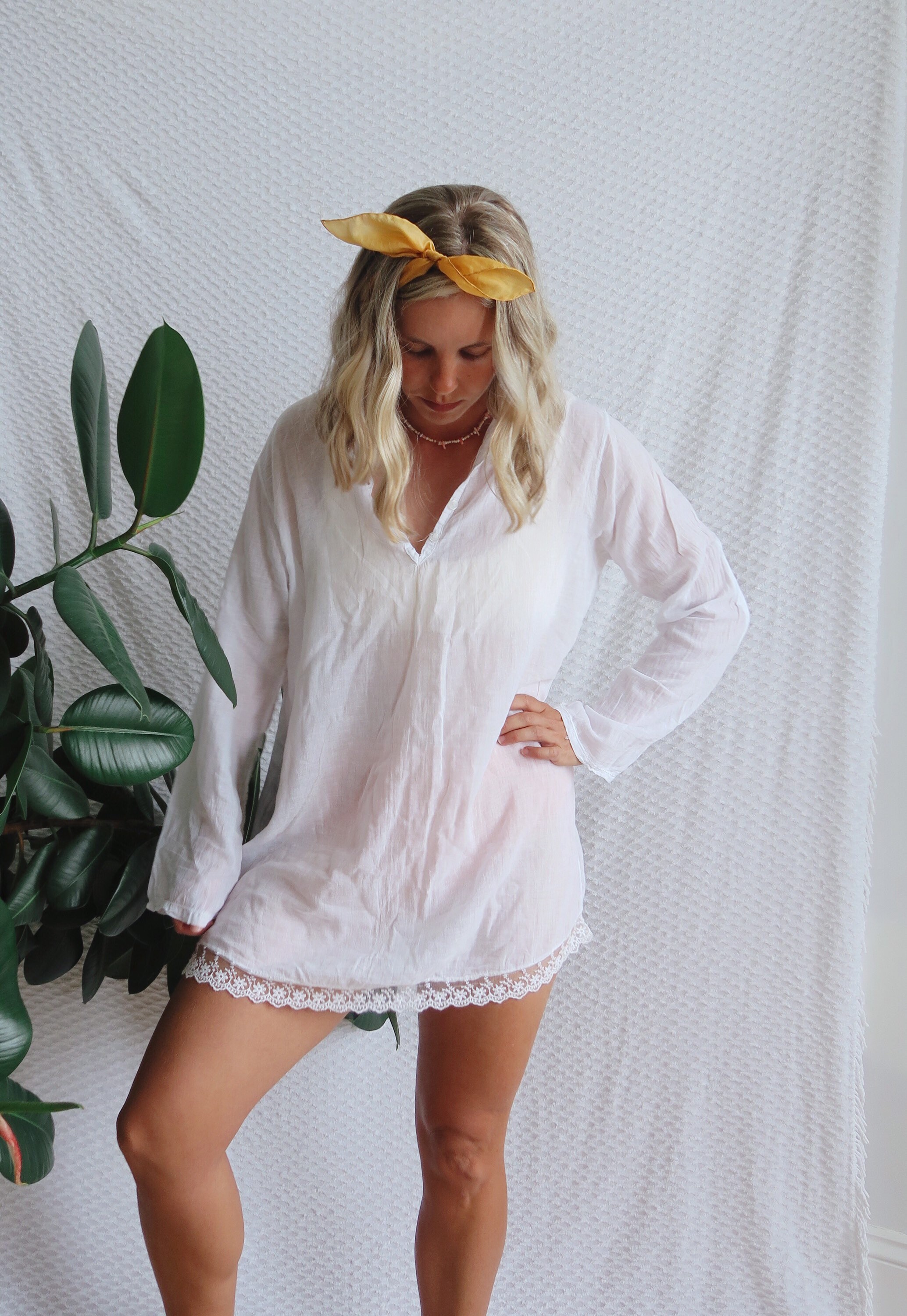 Image of White Cotton Lace Shirt Top Beach Dress Oversized Vintage/Natural Neutral Boho Festival Staple Summer European