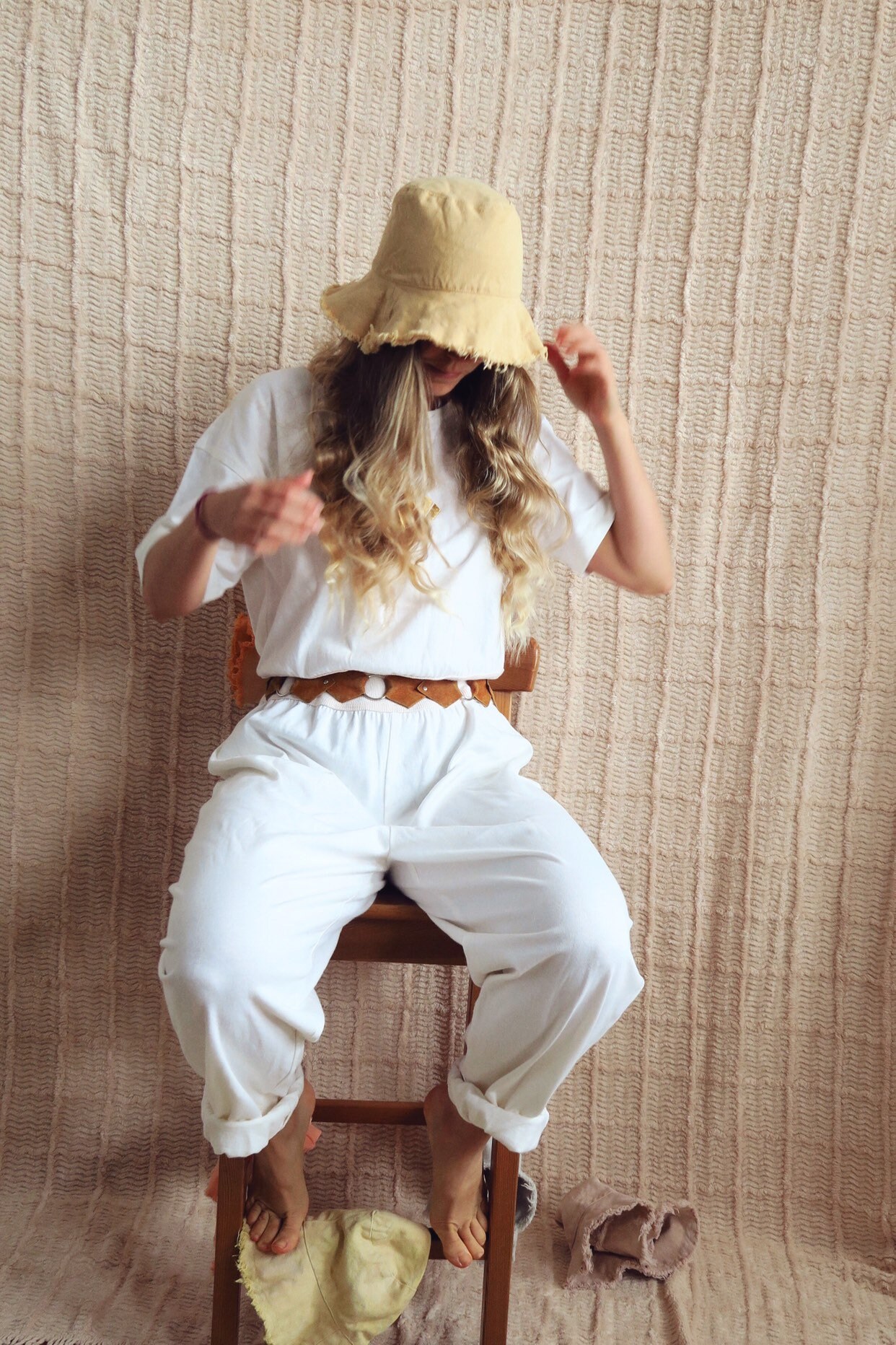 Clay Mustard Natural Bucket Hat / Cotton Hemp Boho Beach  display picture 2