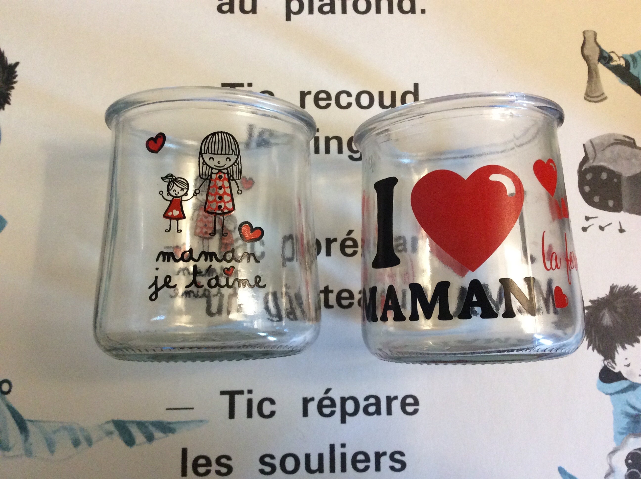 2 Français Pots de Yogourt en Verre La Fête Des Mères - Dessin Mignon Pour Enfants J'aime Maman Mama