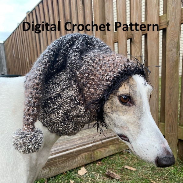Pixie Elf Hat Digital Crochet Pattern with instructions for greyhound with sizing for any breed of dog