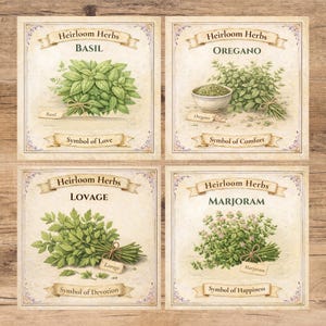 May include: Four vintage-style herb prints featuring basil, oregano, lovage, and marjoram. Each print includes the herb's name, a botanical illustration, and a symbolic phrase. The prints have a rustic, aged appearance with decorative borders.