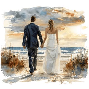 Clipart mariage coucher de soleil sur la plage, les mariés PNG, M. et Mme PNG, mariage couple à imprimer