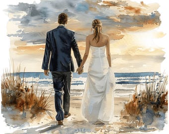 Sunset Beach Wedding Clipart: Watercolor Bride and Groom PNG (Digital Download)