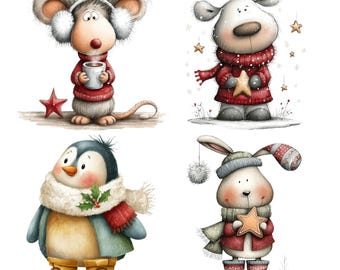 Könnte beinhalten: Vier skurrile Weihnachtsbilder von Tieren. Eine Maus mit Ohrenschützern und einem roten Pullover hält eine Tasse. Ein hundeähnliches Wesen trägt einen roten Pullover und hält einen Stern. Ein Pinguin mit Schal und Stiefeln. Ein Hase mit Hut und Stiefeln hält einen Stern.