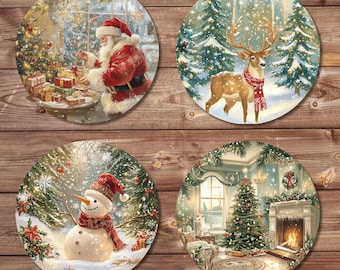 Set de posavasos navideños redondos en formato PNG: diseños de Papá Noel, renos, muñecos de nieve y árboles de Navidad (impresión bajo demanda, sublimación).