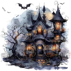 Halloween PNG, Set of 10 Gothic Witch House Clipart, Spooky Watercolor Halloween PNG, Ideal for Spooky Decor & Crafts, Print On Demand