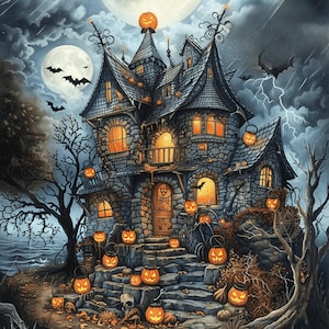 Halloween PNG, Set of 8 Halloween Houses Clipart, Fantasy Halloween Themed PNGs, Spooky House Print on Demand