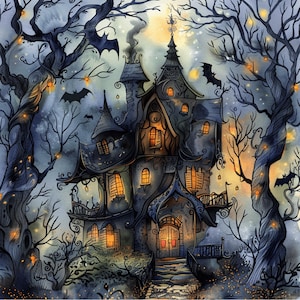Halloween PNG, Set of 8 Watercolor Halloween Seasonal Art, Gothic Witch Houses Digital Paper, Perfect for Halloween Gifts and Decor