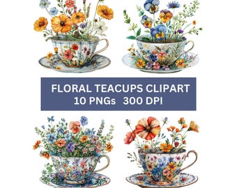 Paquete de imágenes prediseñadas de tazas de té con motivos florales: imágenes PNG de flores de primavera (descarga digital)