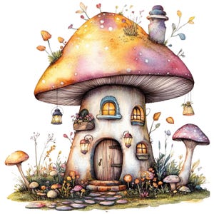 Clipart Wróżki, Akwarela Grzyb Dom Wróżki ClipArt, Zaczarowany Grzyb Dom PNG, Wydrukowalne Obrazy Fantasy