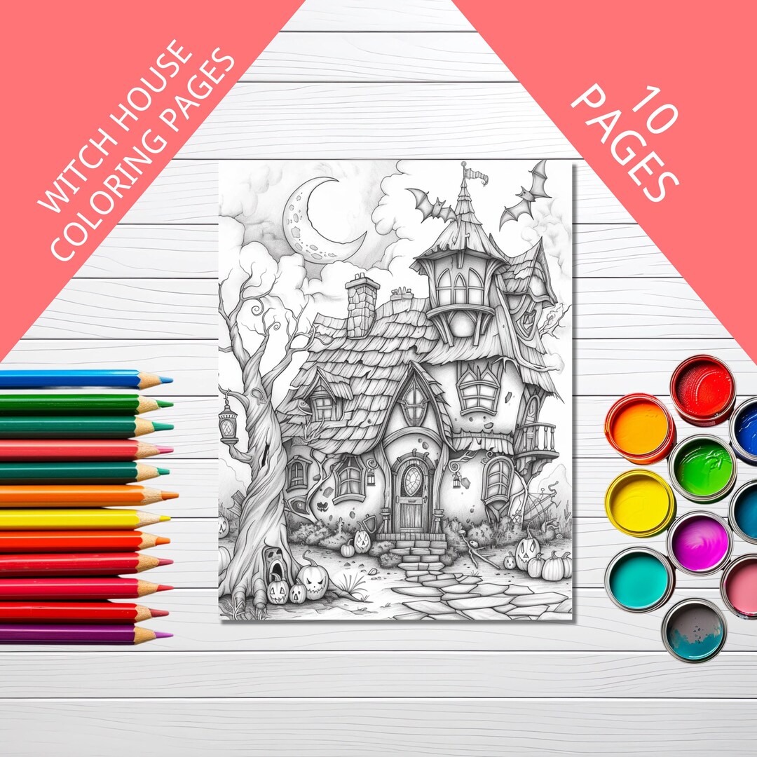 Halloween Witch House Coloring Pages, Whimsical Halloween Coloring ...