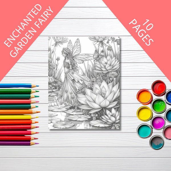 Enchanted Garden Fairy Coloring Pages, Fairy Garden Coloring Book, Mindful Art Activity, Printable PDF, Grayscale Coloring Pages