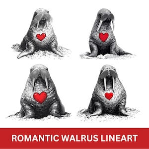 Morsa romântica Lineart, Morsa Valentine PNG, Arte de papelaria, Imprimível, Impressão sob demanda