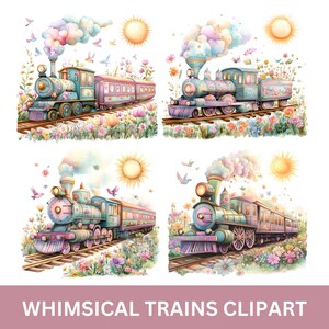 Clipart de tren floral caprichoso para decoración infantil, tarjetas de agradecimiento e invitaciones para baby showers de transporte