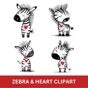 Zebra & Herz Clipart, süßes Zebra Valentinstag PNG, Zebra Geburtstag Clipart, Schreibwaren PNG, druckbar, Print On Demand