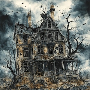 Imágenes prediseñadas de casas abandonadas, casa fantasmal en una noche tormentosa, casa abandonada en acuarela, alta resolución, uso comercial