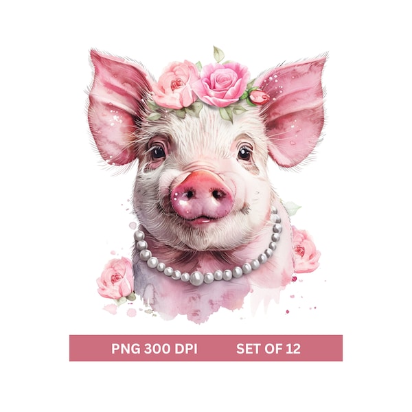 Pretty Pigs PNG, Floral Pig PNG, Pearls Before Swine, Pearls And Pigs Clipart, Pigs In Pearls PNG, Watercolor Pig Clipart