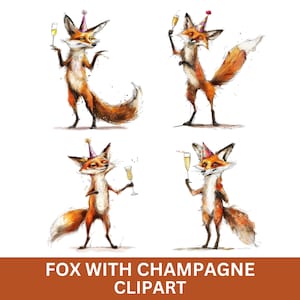 Fuchs mit Champagner Clipart, lustiger Fuchs PNG, Geburtstag Clipart, Neujahr PNG, druckbar, Print On Demand