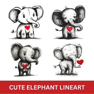 Süßer Elefant Clipart, Elefant Linie Kunst, Elefant Valentine PNG, Schreibwaren, bedruckbar, Print On Demand