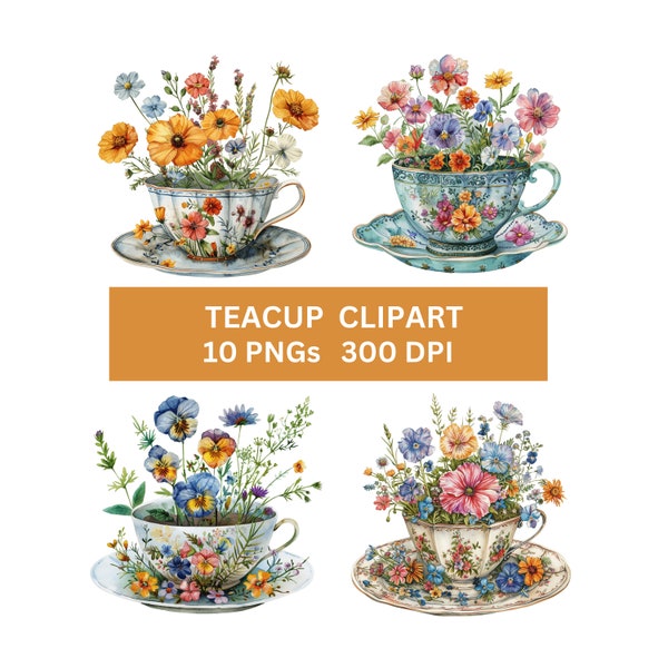 Floral Teacup Clipart Bundle, Tea Cup PNG, Mother’s Day Gift, Mother’s Day Clipart, Birthday Gift For Mom, Digital Download