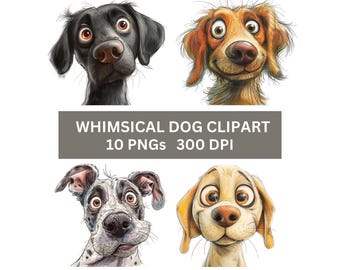 Whimsical Dog Clipart Bundle, Funny Dog PNG Bundle, Labrador, Great Dane, Cocker Spaniel, Pug, Dachshund, Golden Retriever, Poodle, GSD
