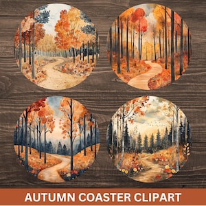 Peut inclure: Quatre dessous de verre ronds avec des scènes de forêt d'automne à l'aquarelle. Chaque dessous de verre présente un sentier sinueux à travers des arbres aux feuilles orange, jaunes et marron. Le texte "AUTUMN COASTER CLIPART" est en bas.