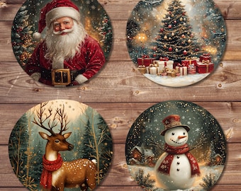 Juego de posavasos redondos navideños: diseños de Papá Noel, renos, muñecos de nieve y árboles de Navidad (sublimación, impresión bajo demanda).