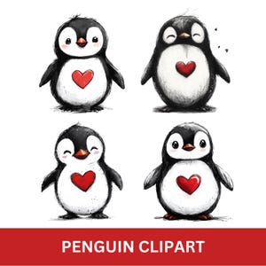 Pinguin Valentine Clipart, glücklicher Pinguin PNG, Pinguin Geburtstag Clipart, Schreibwaren PNG, druckbar, Print On Demand