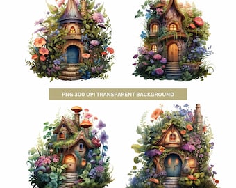 Watercolor Fairy House Clipart: Whimsical Garden PNG (Digital Download)