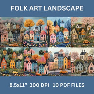 Folk Art Landscape Pages, Vintage Stationery, Folk Art Aesthetic, Whimsical Art Prints, Junk Journal Printable Pages