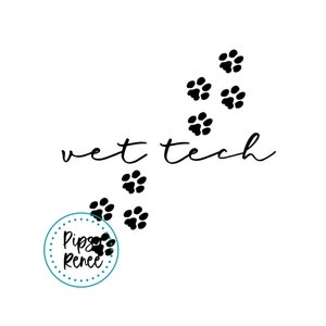 May include: Black and white illustration of paw prints with the text "wet tech" and a circle with the text "Pips Renee" in teal.