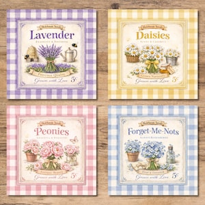 May include: Four vintage-style seed packet designs. The packets feature illustrations of lavender, daisies, peonies, and forget-me-nots. Each packet has a gingham border and includes text such as "Heirloom Seeds" and "Grown with Love."