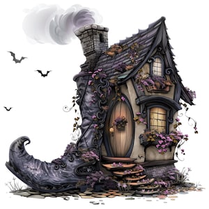 May include: A whimsical, cartoon-style house built into a giant, black boot. The house has a grey roof, a chimney with smoke coming out of it, and a small, wooden door. There are vines growing up the side of the house and around the boot.