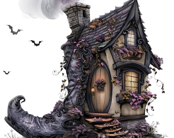 Witch Shoe House Clipart: Gothic Halloween PNG (Digital Download)