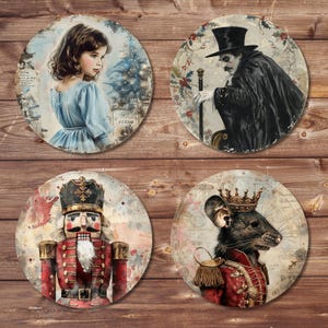 May include: Set of four round decorative coasters with vintage-style illustrations. Includes a portrait of a girl in a blue dress, a man in a top hat, a nutcracker, and a rat wearing a crown and military jacket.