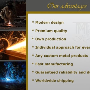 Pode incluir: Uma lista de vantagens para uma empresa de fabrica&ccedil;&atilde;o de metais. A lista inclui design moderno, qualidade premium, produ&ccedil;&atilde;o pr&oacute;pria, abordagem individual para todos, quaisquer produtos de metal personalizados, fabrica&ccedil;&atilde;o r&aacute;pida, confiabilidade e durabilidade garantidas, e envio para todo o mundo.