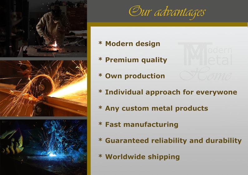 Pode incluir: Uma lista de vantagens para uma empresa de fabrica&ccedil;&atilde;o de metais. A lista inclui design moderno, qualidade premium, produ&ccedil;&atilde;o pr&oacute;pria, abordagem individual para todos, quaisquer produtos de metal personalizados, fabrica&ccedil;&atilde;o r&aacute;pida, confiabilidade e durabilidade garantidas, e envio para todo o mundo.