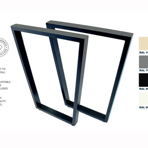 May include: Two black metal table legs with adjustable feet. The legs are made of high quality steel and are easy to install. The image also shows a color chart with four different RAL colors: 1015, 7037, 9005, and 9010.